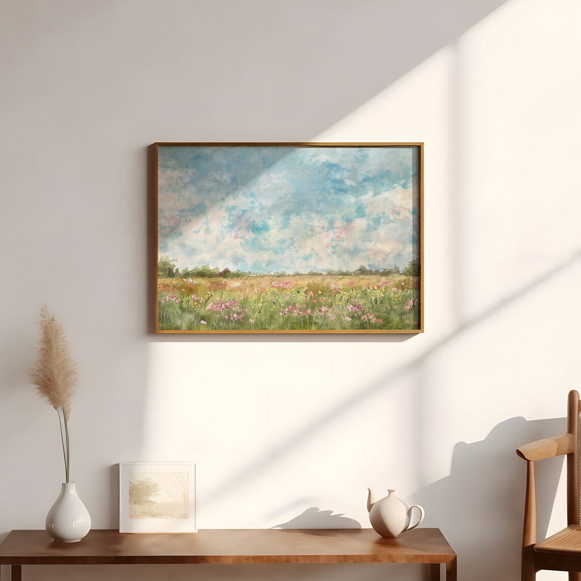 Pink Wildflower Meadow Watercolor Cloudy Sky Field Painting Poster - Image 2