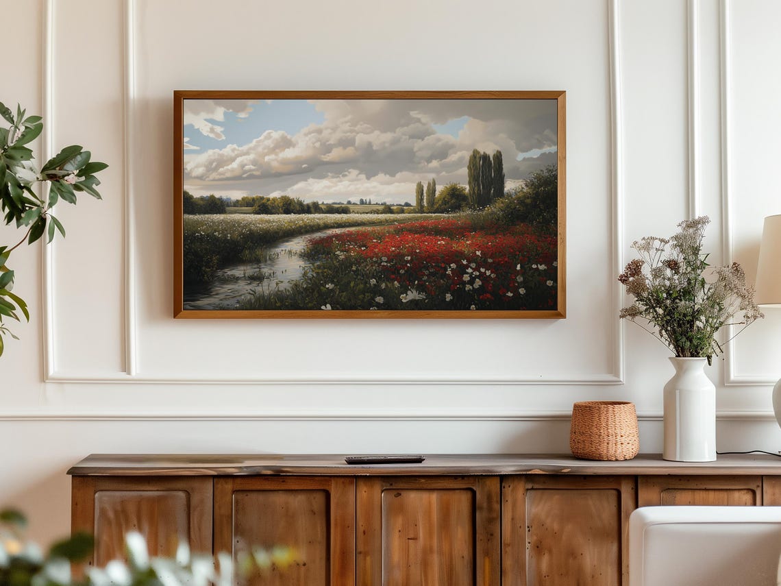 Red Poppy Wildflower Field River Dramatic Clouds Country Poster - Image 3
