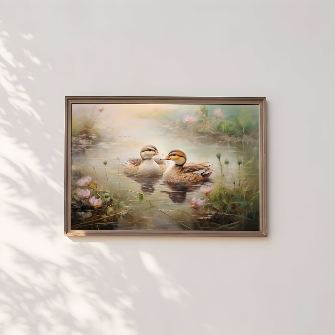 Two Ducks Swimming in a Pond Pink Flowers Cottagecore Art Poster - Image 3