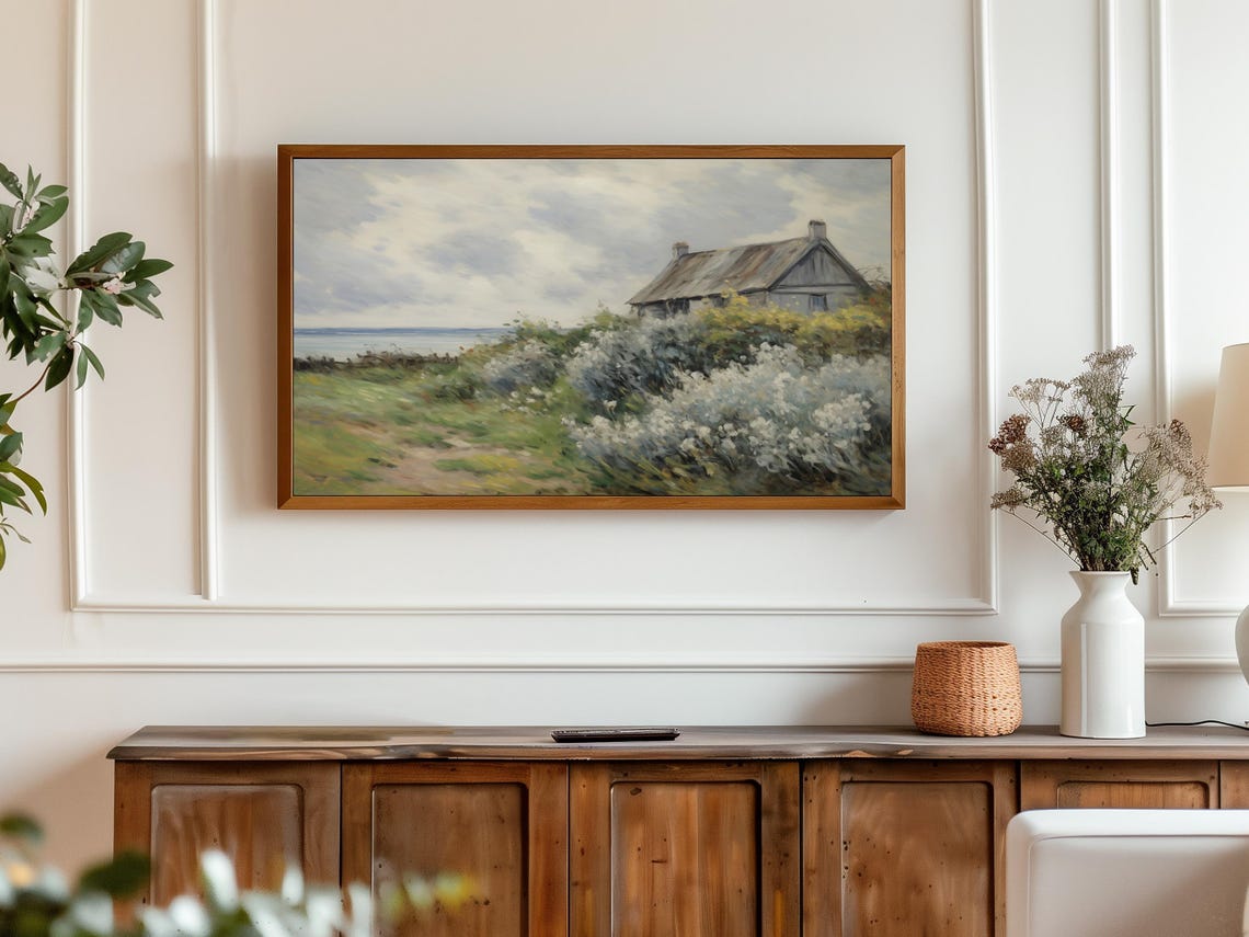 Coastal Cottage Wildflowers Sea View Seaside Landscape TV Wall Art - Image 2