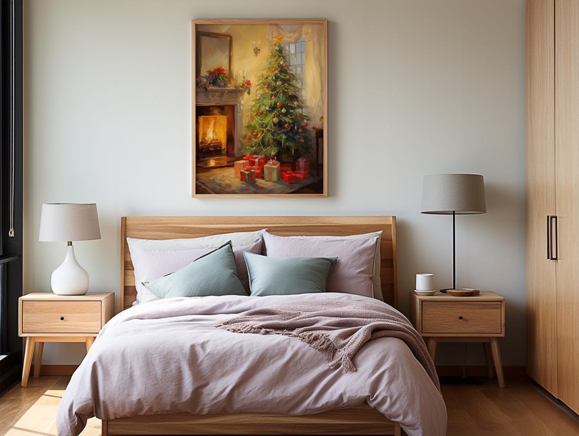 Bright Christmas Tree Fireplace Gifts Poinsettia Holiday Poster - Image 2