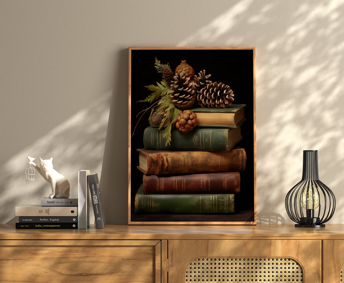 Vintage Book Stack Pinecone Still Life Rustic Autumn Decor Poster - Image 3