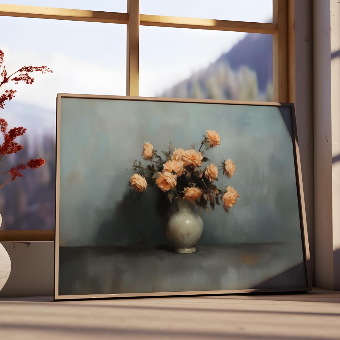 Moody Orange Flower Wall Art Dark Academia Spring Print Antique Moody Oil Painting Vintage Neutral Floral Painting Dark Botanical Print - Image 2