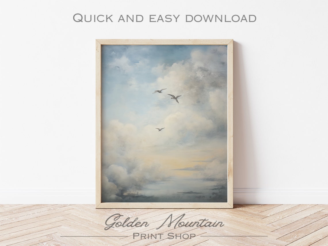 Seagulls Flying in Cloudy Sky Soft Vintage Seascape Bird Flight Poster - Image 2
