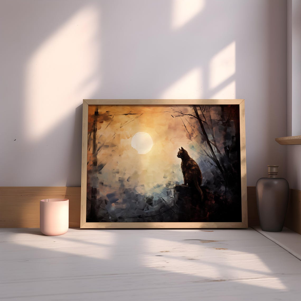 Black Cat Moonlit Forest Glowing Moon Witchy Halloween Art Poster - Image 2