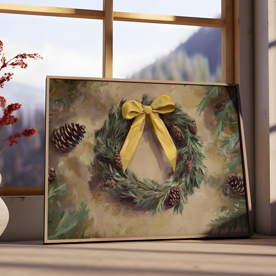 Evergreen Wreath Yellow Bow Pinecones Rustic Christmas Wall Art - Image 3