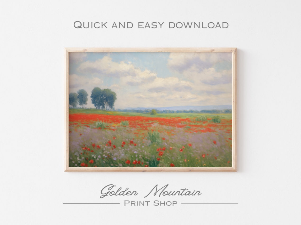 Red Poppy Field Under Blue Sky Impressionist Summer Meadow Poster - Image 3