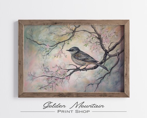 Gray Songbird On Cherry Blossom Branches Soft Pastel Spring Nature Poster