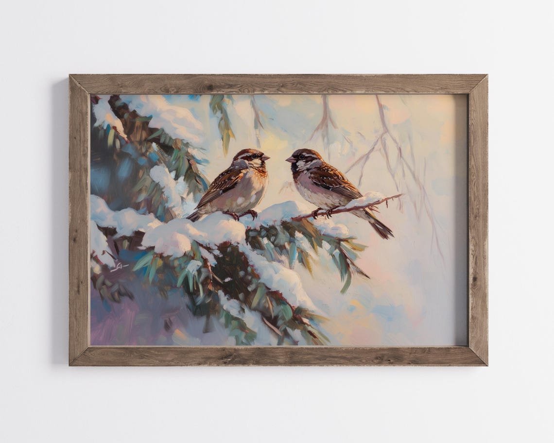 Sparrow Pair on Snowy Pine Branch Winter Morning Light Wall Art - Image 2