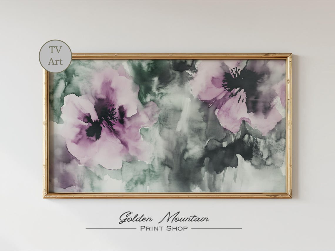 Abstract Purple Poppy Watercolor Blooms Moody Frame TV Art Print - Image 2