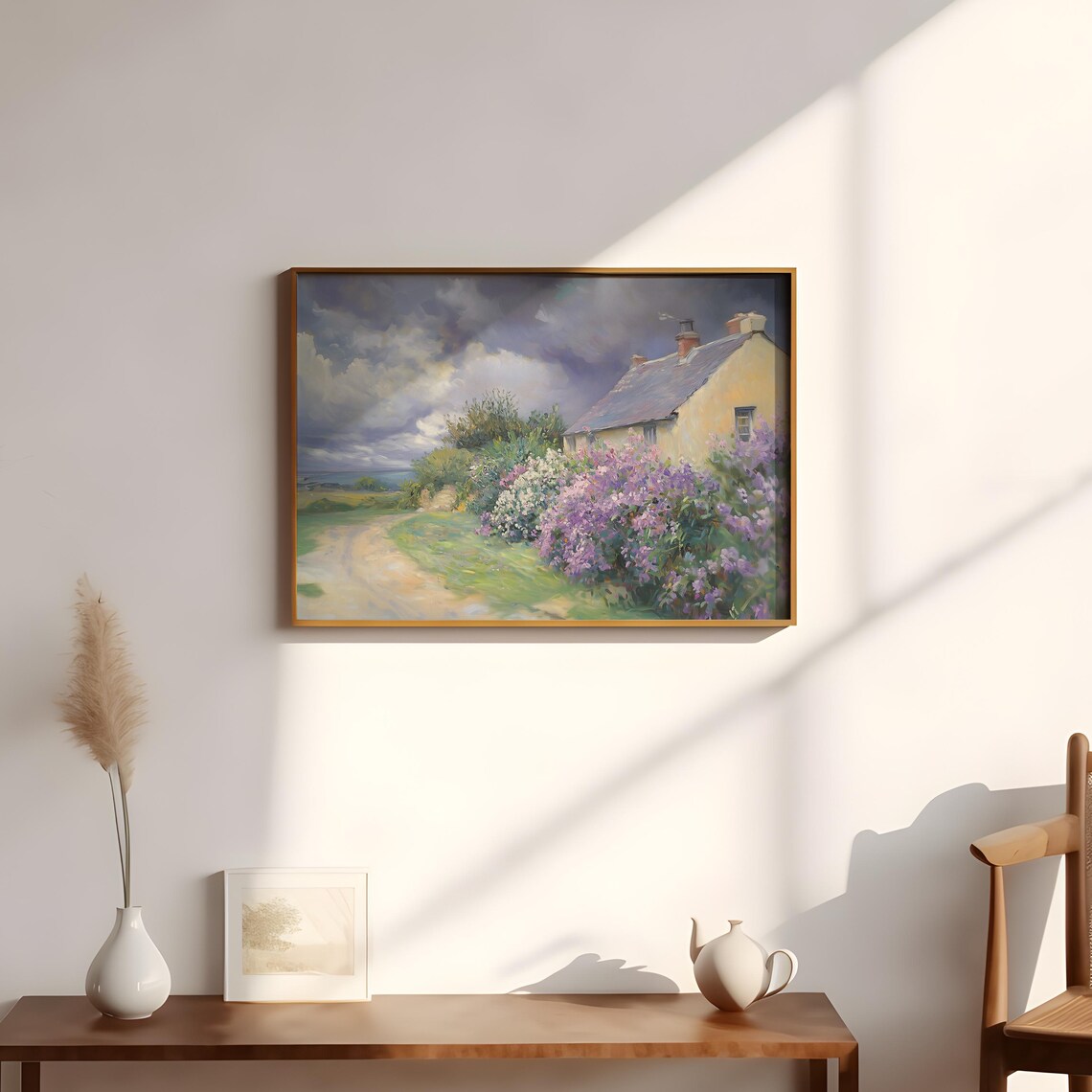 Coastal Cottage Lilac Bush Stormy Sky Country Lane Oil Poster - Image 2