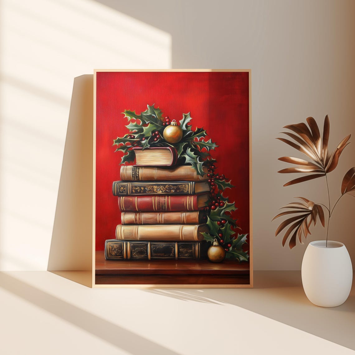Vintage Book Stack Red Background Holly Gold Ornament Christmas Poster - Image 2
