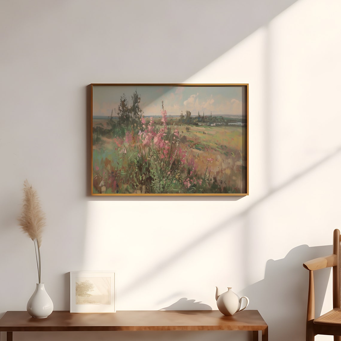 Pink Wildflowers Meadow Summer Landscape Oil Painting Poster - Image 2
