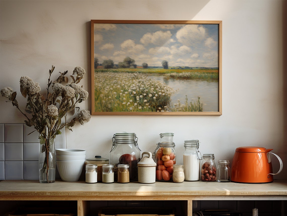 White Wildflower Field By River Under Big Summer Clouds Poster - Image 3