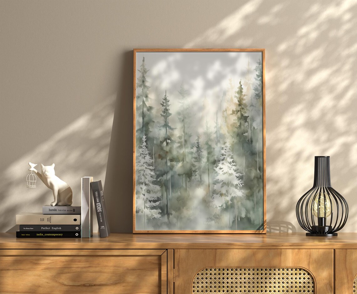 Misty Pine Forest Watercolor Tall Snowy Pines Winter Wall Art - Image 3