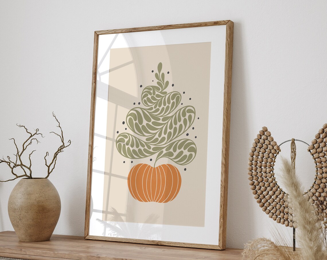 Orange Pumpkin with Green Leafy Top Minimal Fall Decor Poster