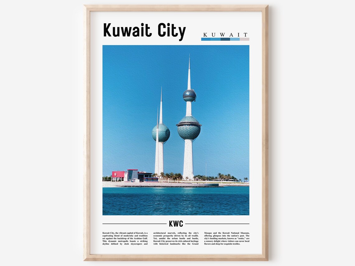 Kuwait City Kuwait Towers Blue Skyline Waterfront Travel Poster