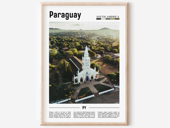 Paraguay White Colonial Church Aerial Green Landscape Travel Poster