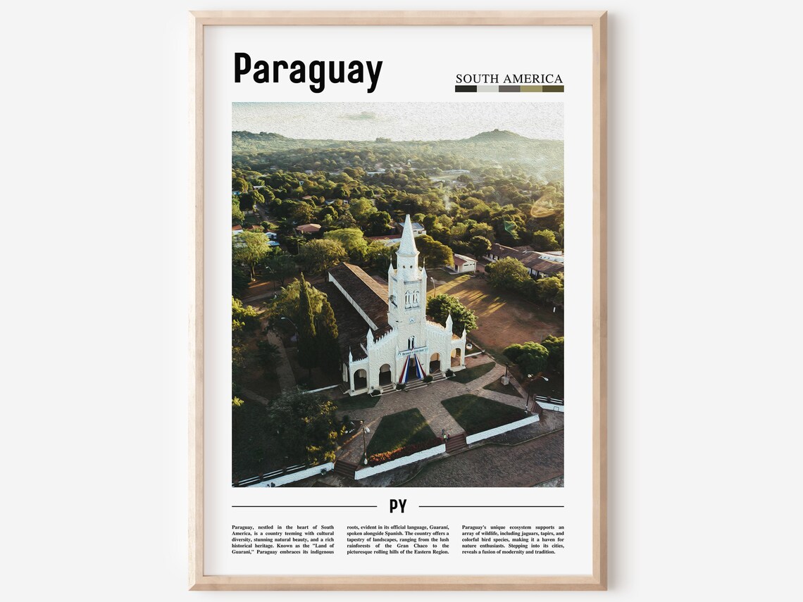 Paraguay White Colonial Church Aerial Green Landscape Travel Poster
