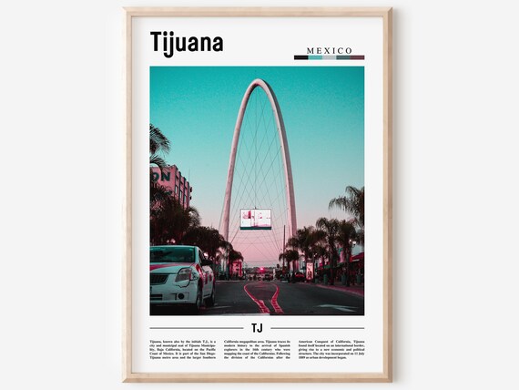 Tijuana Mexico Monumental Arch Sunset Street Scene Travel Poster