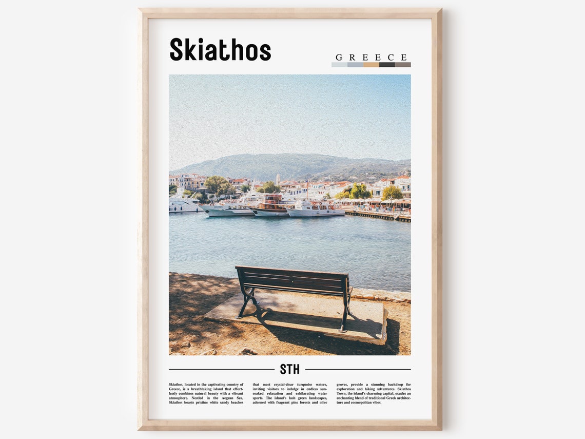 Skiathos Greece Harbor Bench Waterfront Boats Seaside Travel Poster