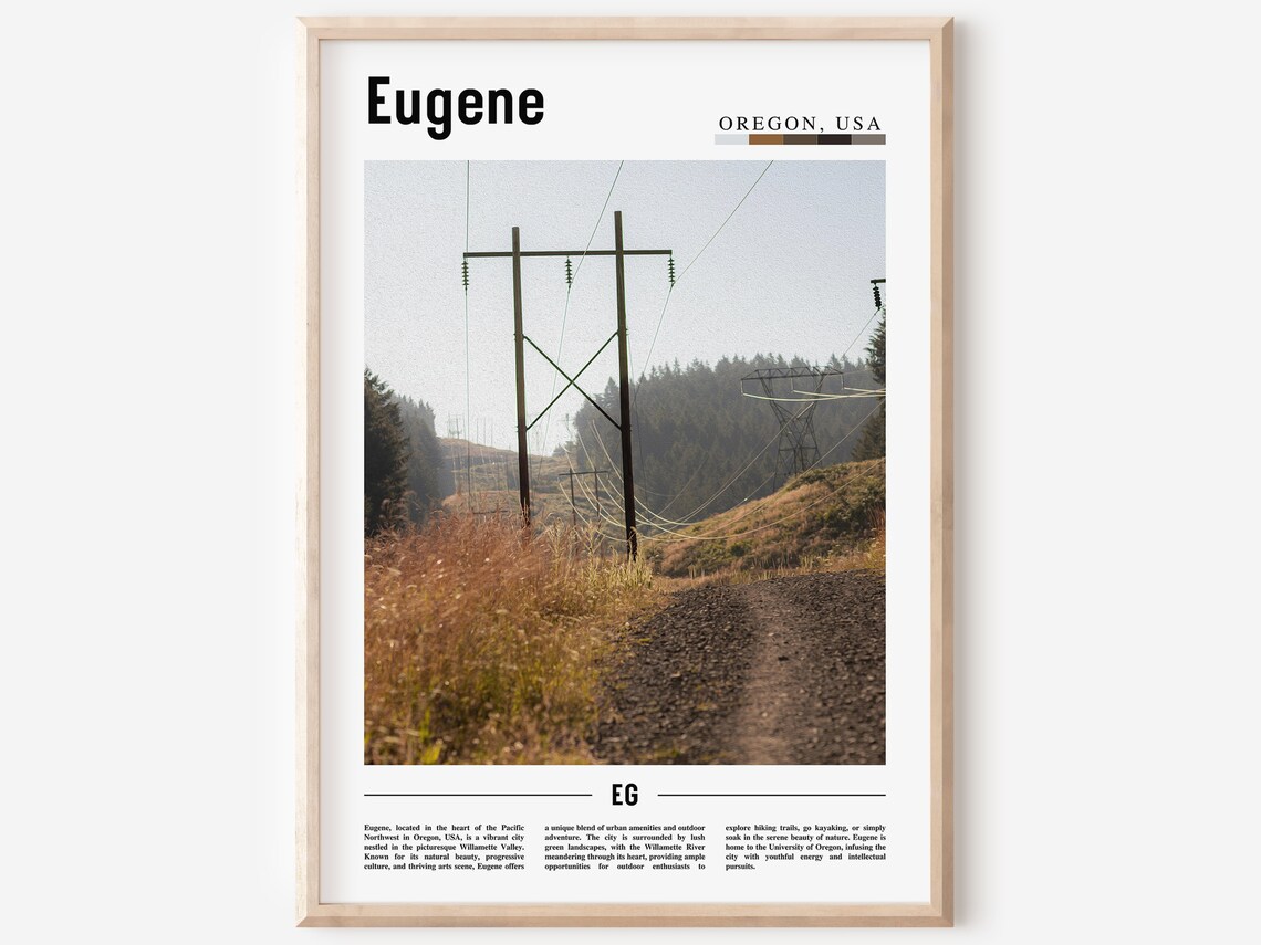 Eugene Oregon Rural Power Lines Hillside Golden Field Travel Poster
