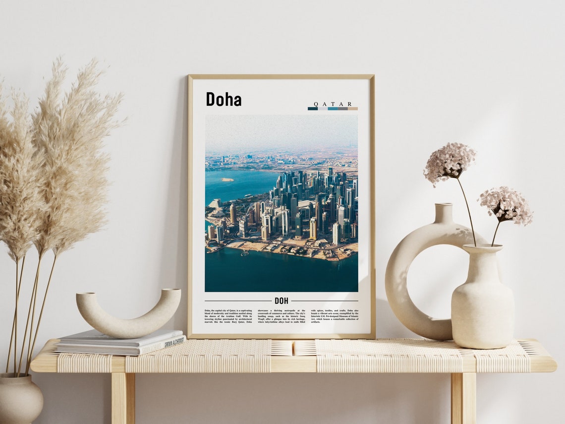 Doha Qatar West Bay City Skyline Aerial Minimal Travel Poster - Image 3