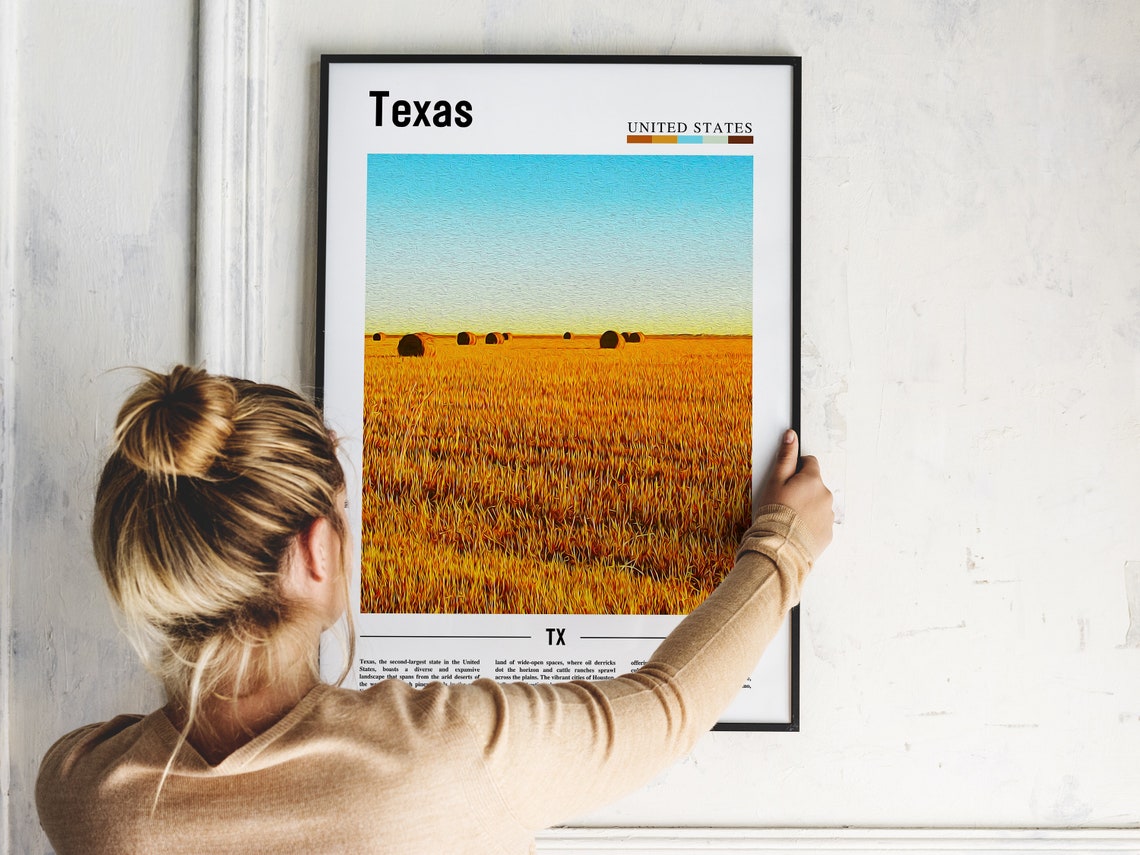 Texas Golden Wheat Field Hay Bales Sunset Oil Paint Art Poster - Image 2