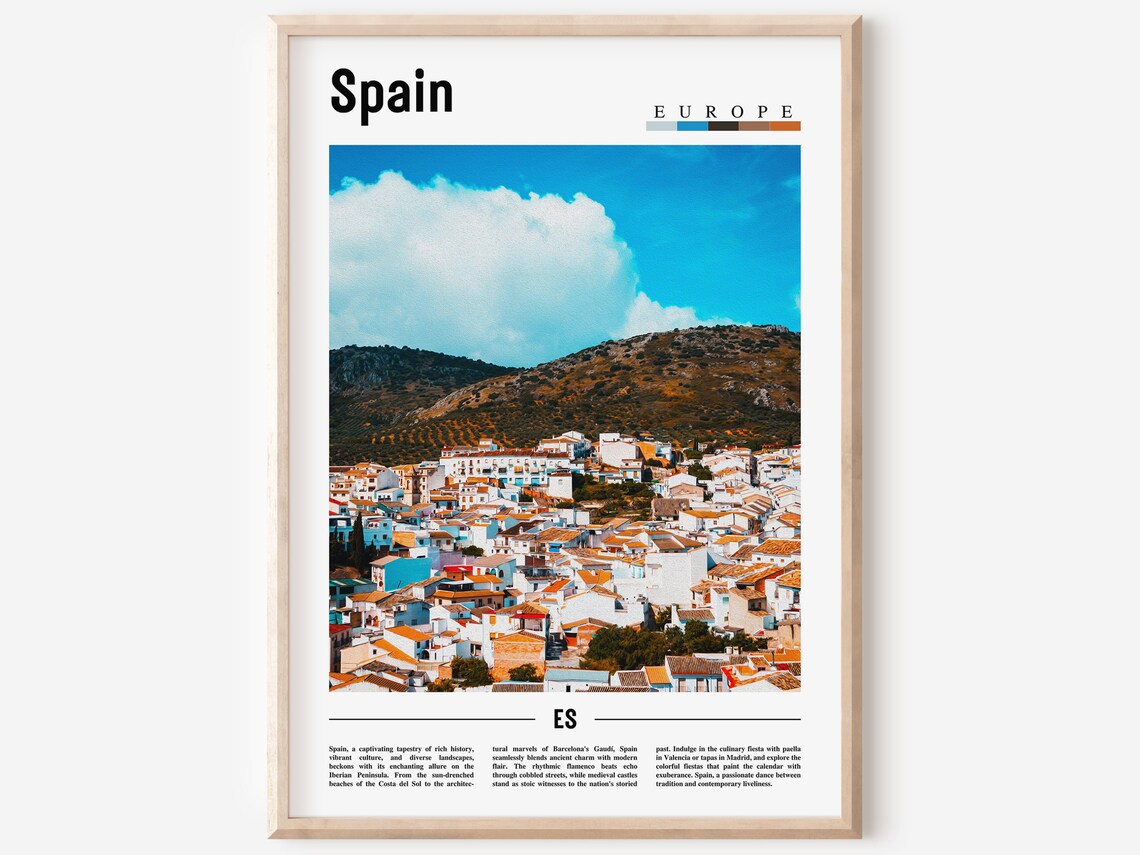 Picturesque Spain White Hillside Village Blue Sky Travel Poster