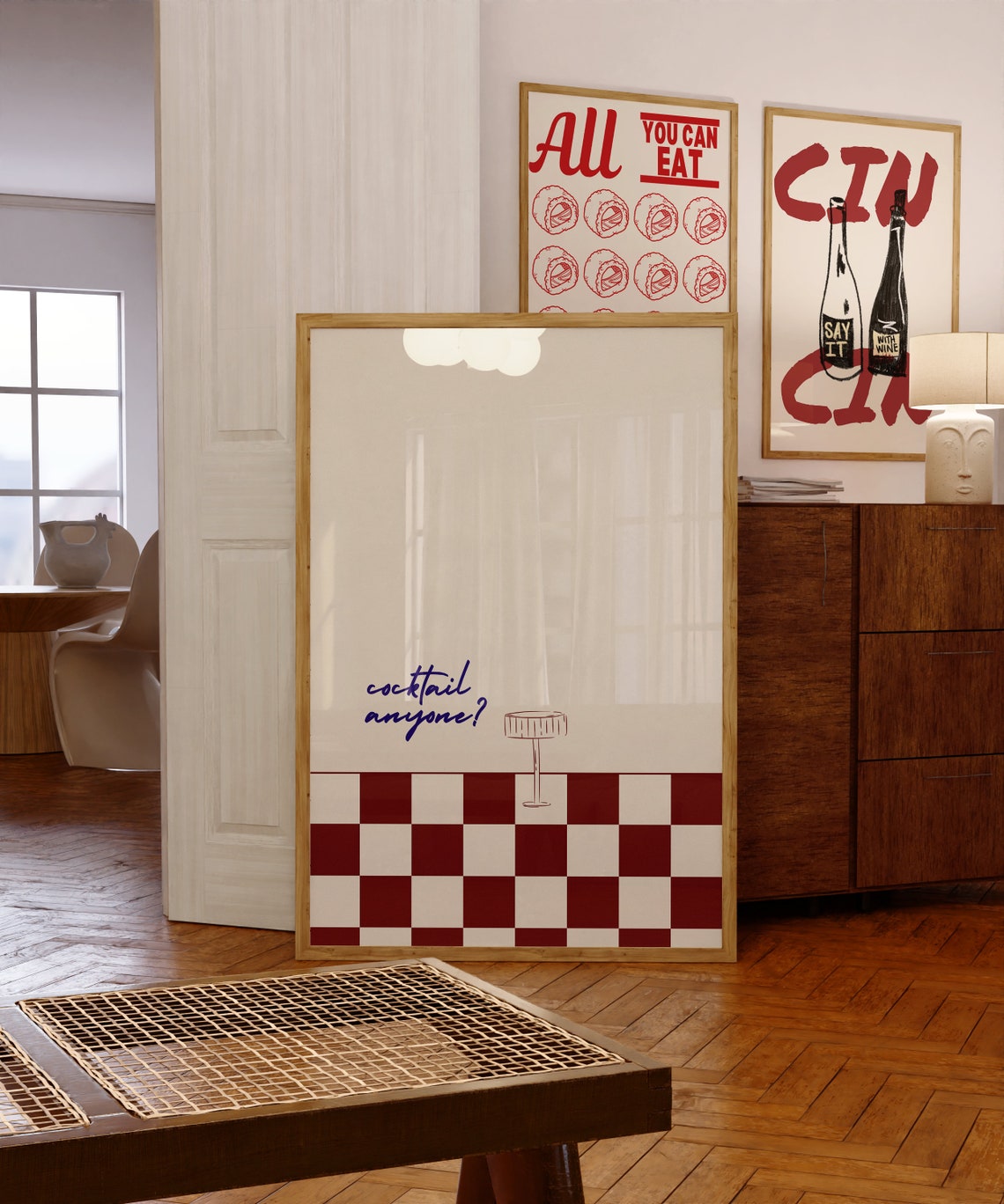 Cocktail Anyone Minimalist Red Checkered Bar Cart Decor Wall Art - Image 4