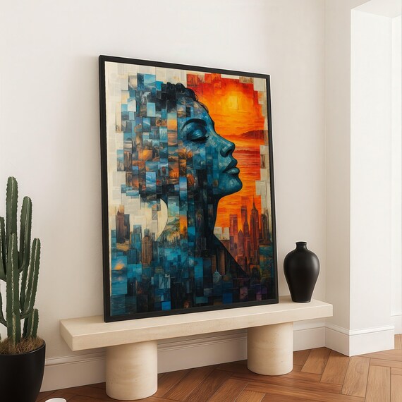 Abstract Woman Profile Canvas Cityscape And Sunset Wall Art Modern Mixed Media Design Urban Portrait Home Decoration