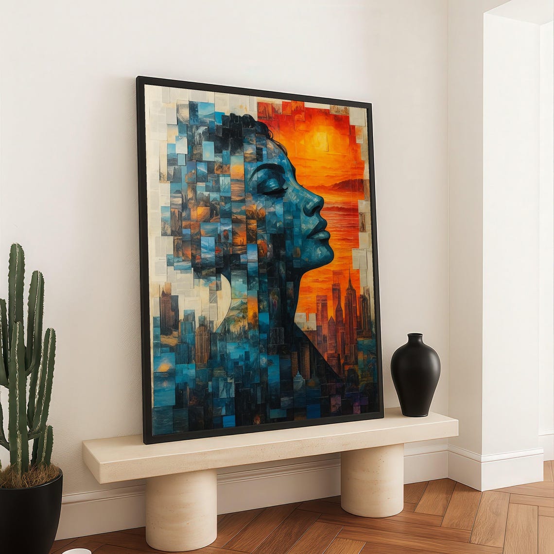 Abstract Woman Profile Canvas Cityscape And Sunset Wall Art Modern Mixed Media Design Urban Portrait Home Decoration