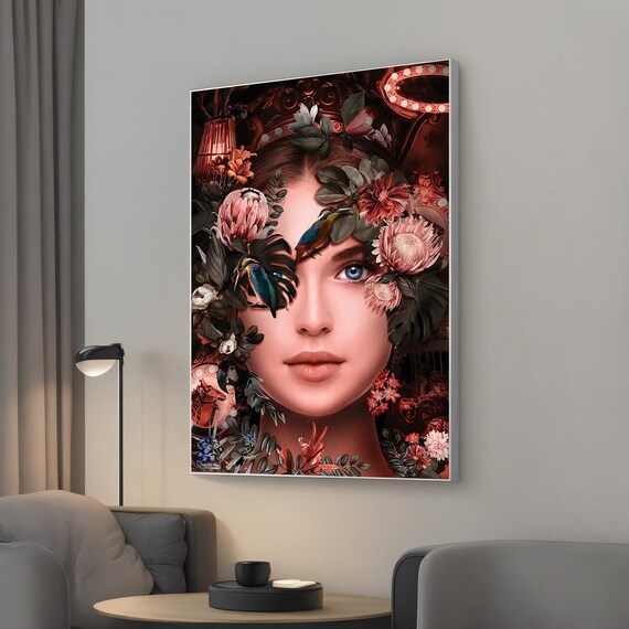 Floral Woman Face Art Tropical Flowers Birds Surreal Portrait Poster