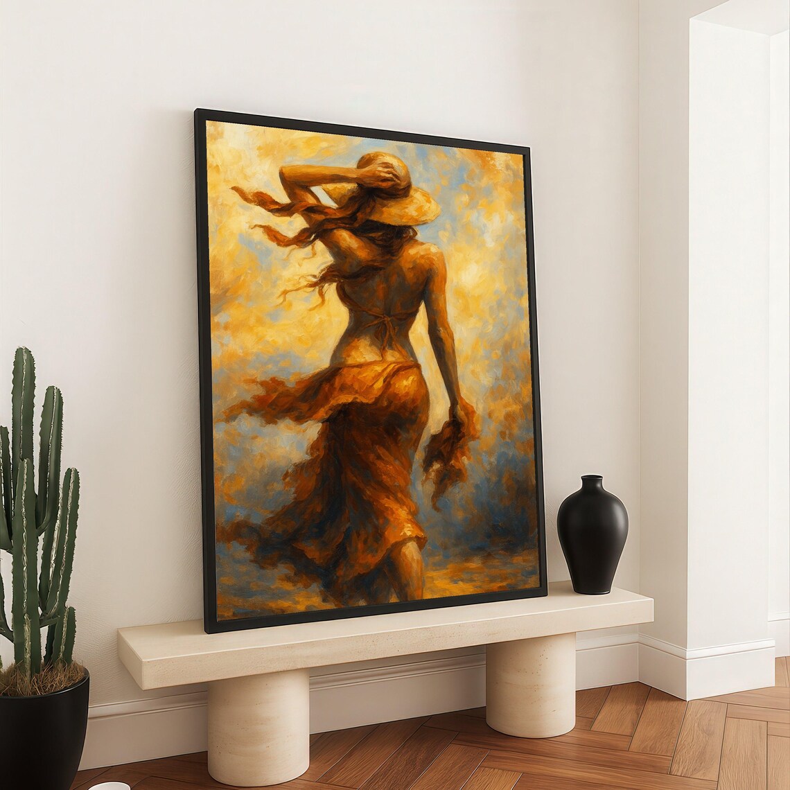 Woman In Summer Hat Flowing Dress Golden Impressionist Painting Poster