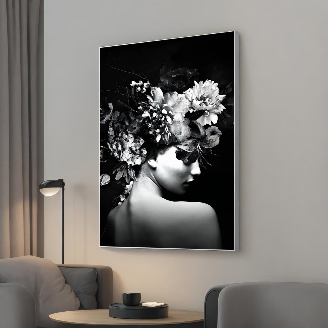 Black And White Floral Headpiece Beauty Portrait Modern Wall Art
