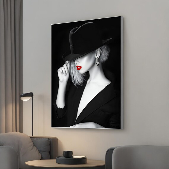 Woman In Black Hat Tipping Fedora Red Lips Monochrome Style Poster