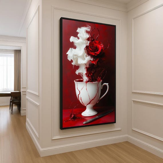 Surreal Red Rose Blooming From Broken White Cup Abstract Floral Canvas Wall Art Modern Decorative Home Ready To Hang