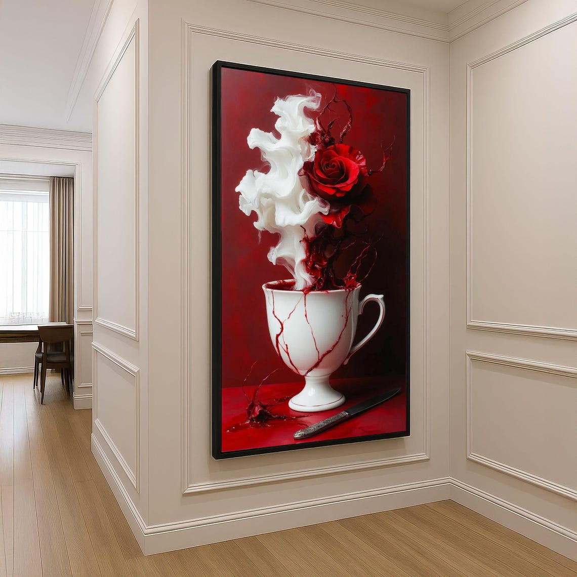 Surreal Red Rose Blooming From Broken White Cup Abstract Floral Canvas Wall Art Modern Decorative Home Ready To Hang