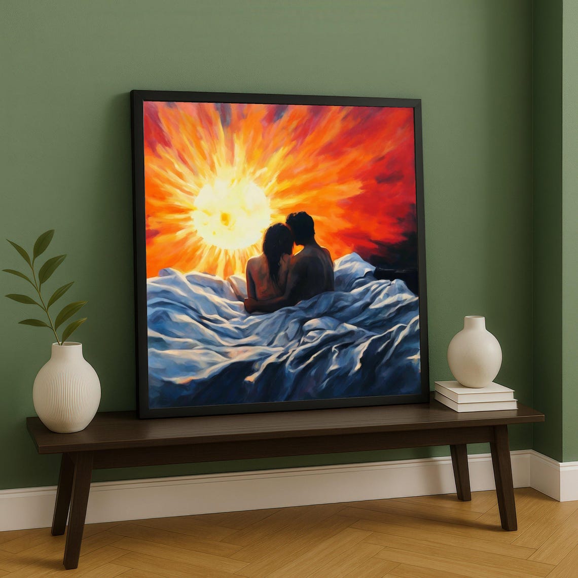Romantic Couple Sunrise Embrace Bedroom Passionate Art Poster