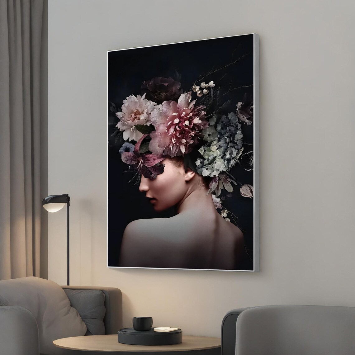 Woman Dark Floral Headdress Moody Dahlias Black Dramatic Art Poster