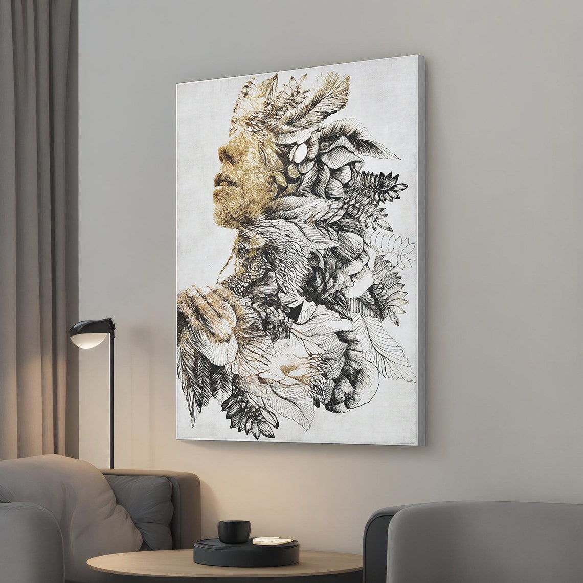 Woman Flower Silhouette Black Gold Botanical Abstract Portrait Print