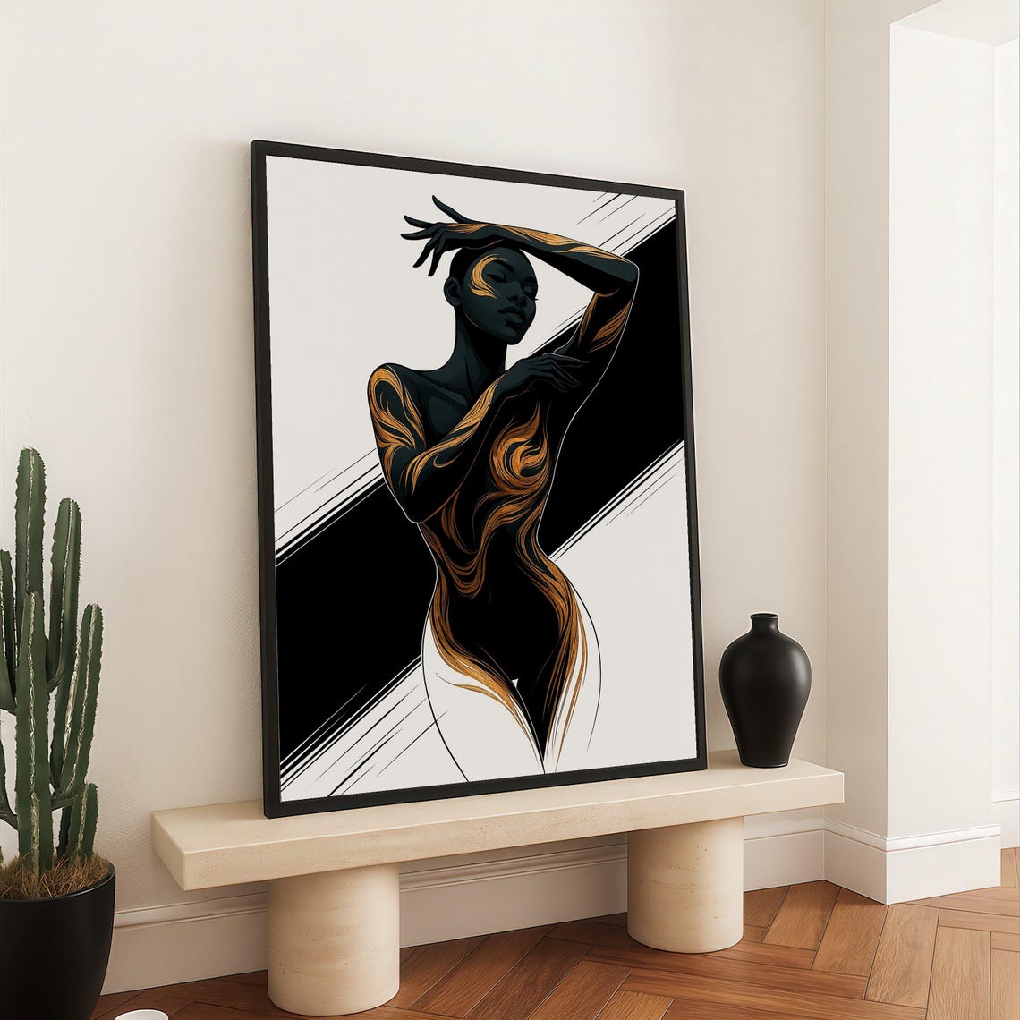 Black and Gold Woman Abstract Silhouette Dramatic Art Poster