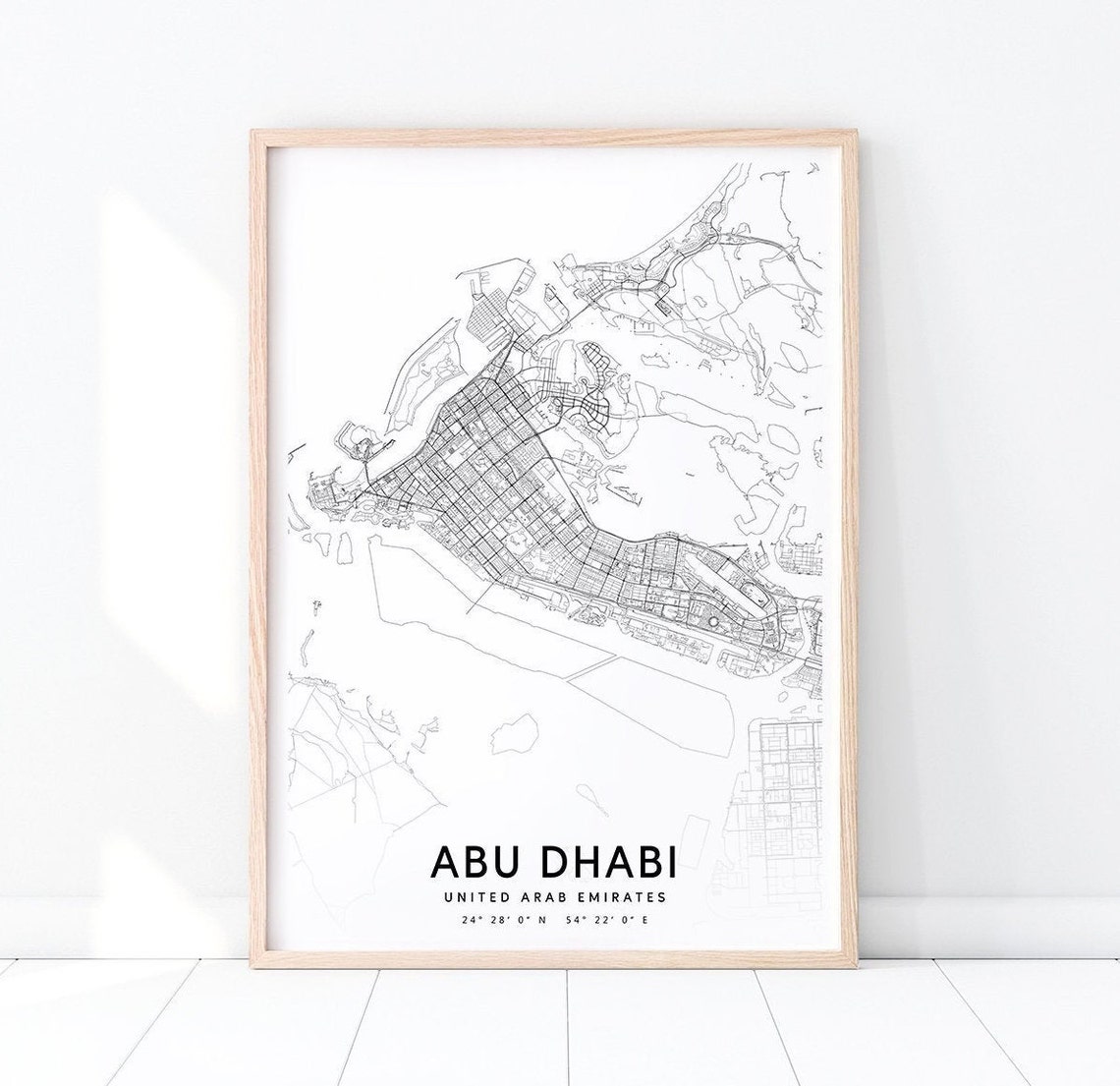 Abu Dhabi UAE City Street Map Modern Minimalist Black White Art Poster