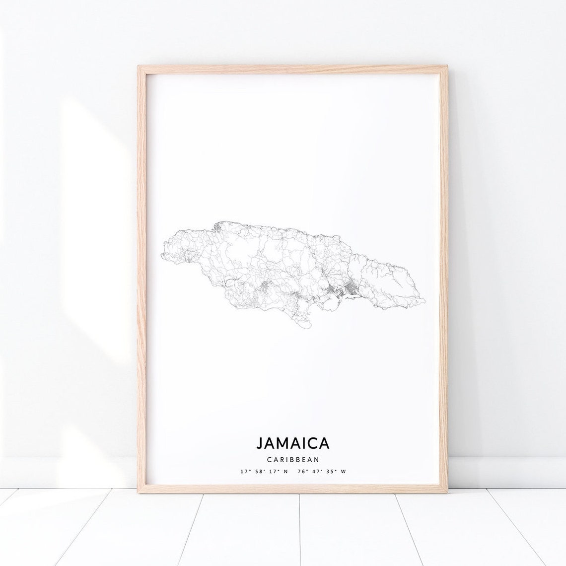 Jamaica Caribbean Map Poster Minimalist Black White Line Art