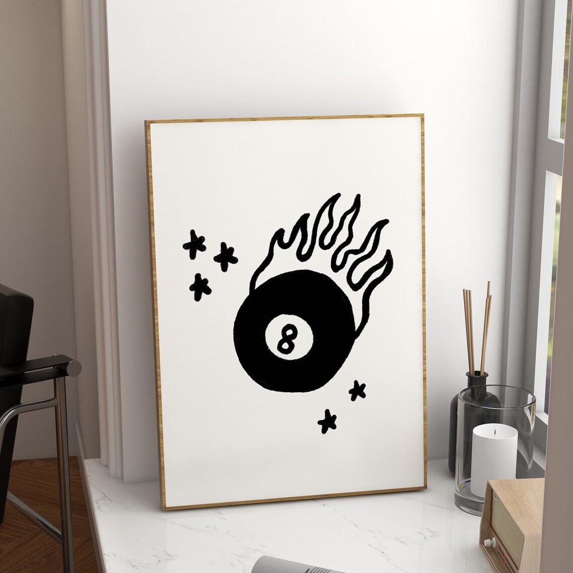 Black And White Flaming Eight Ball Trendy Retro Tattoo Style Wall Art