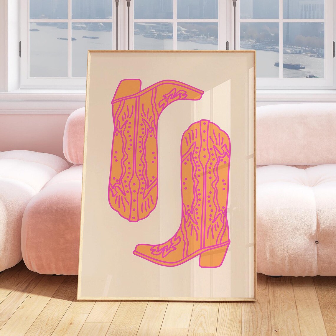 Orange Cowboy Boots Pink Line Detail Pair Western Decor Poster