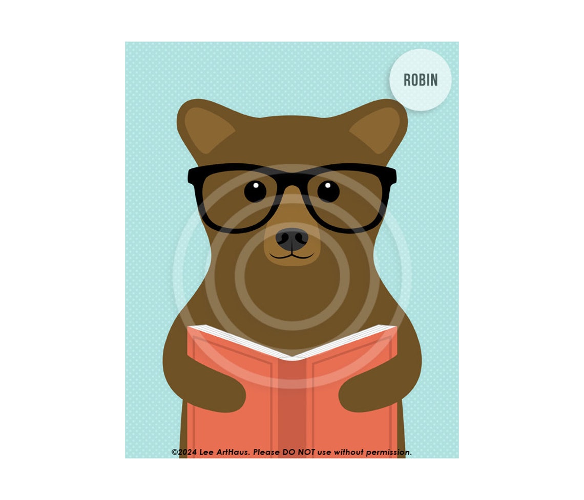 Brown Bear With Glasses Reading Book Cute Animal Nursery Art Poster - Image 3