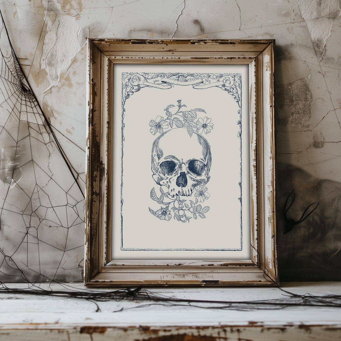 Vintage Skull Blooming Flowers Botanical Gothic Engraving Poster - Image 2