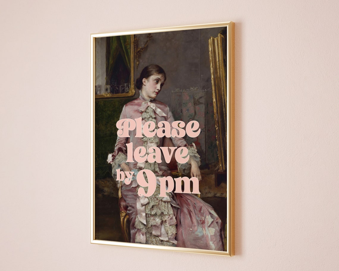 Please Leave By 9pm Funny Classical Art Quote Pink Typography Wall Art - Image 2