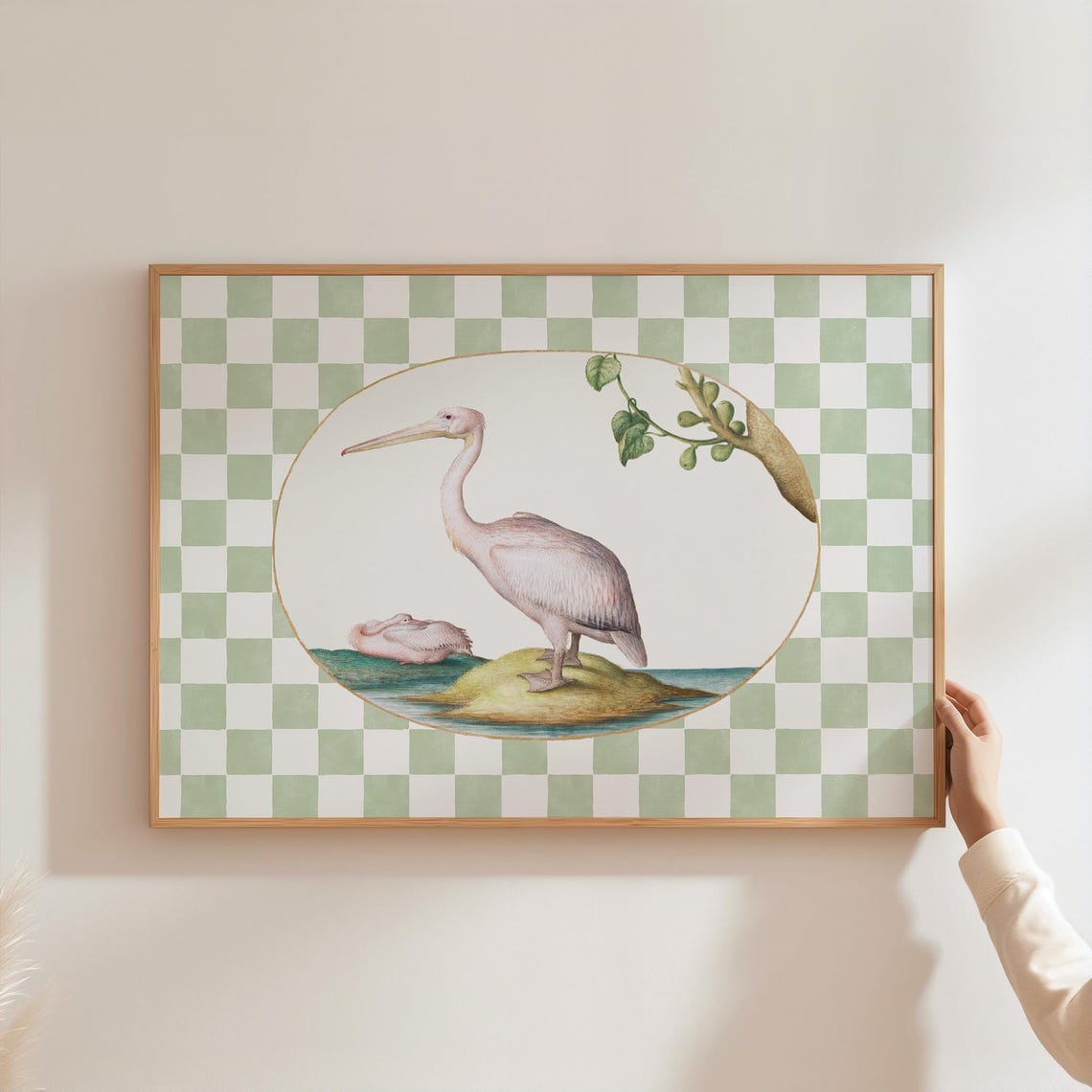 White Pelican Pair Sage Green Checkerboard Vintage Bird Poster